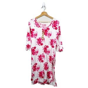 White and Pink Floral Quarter Sleeve Beach Coverup